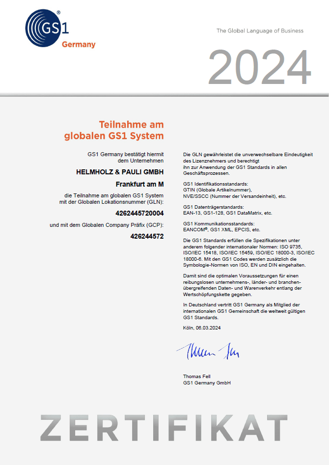 GS1 certificate for Helmholz & Pauli GmbH
