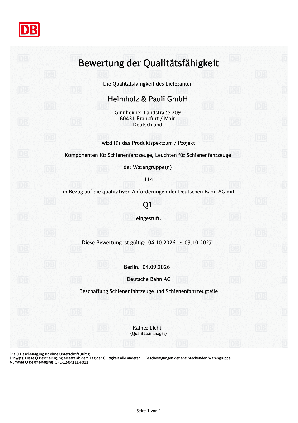Deutsche Bahn Q certification for Helmholz & Pauli GmbH
