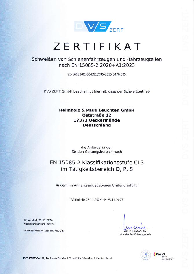 CL3 + S welding certificate for Helmholz & Pauli GmbH