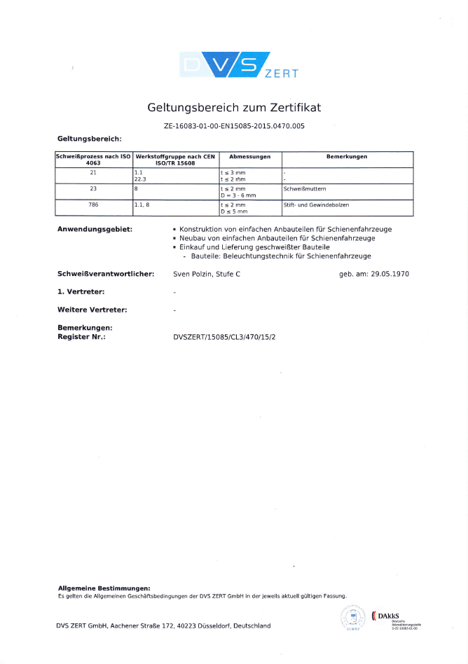 Scope of the CL3 + S welding certificate